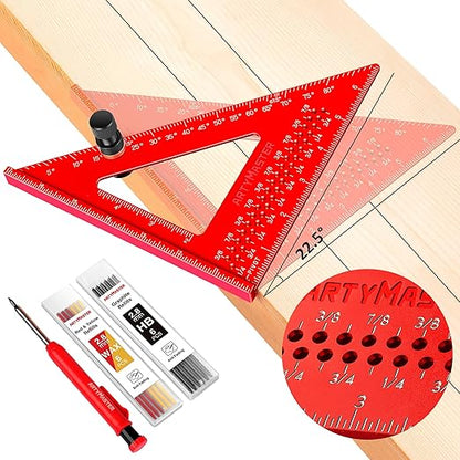 7 inch Carpenter Square, 1/16" Precision Hole Scribing Square Tools, 0-90° Aluminum Alloy Rafter Square, Woodworking Square with Stair Gauge & Carpenter Pencils 12 Refills AM13F