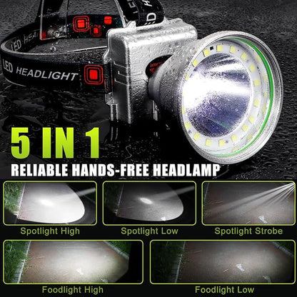 Rechargeable LED Headlamp with Flood and Spot Beam, Power Display, 5 Lighting Modes, Yellow/Blue Filter Lens, High Lumen Outdoor Waterproof Head Torch for Fishing, Hunting, Hiking, Outdoor