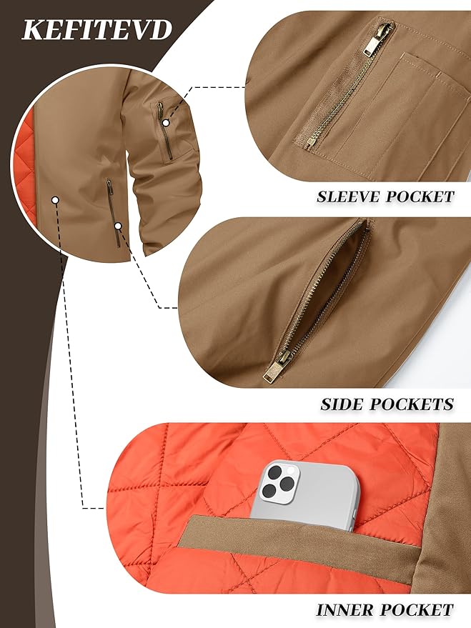 KEFITEVD Men's Jacket Casual Windproof Bomber Jackets Full Zip Windbreaker Warm Winter Padded Coats