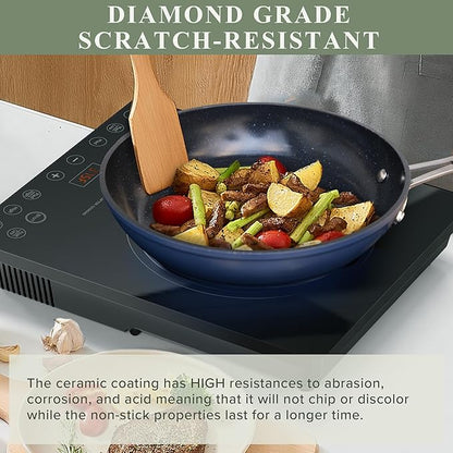 Nuwave Healthy Duralon Blue Ceramic Nonstick Cookware Set, Diamond Infused Scratch-Resistant, PFAS Free, Dishwasher & Oven Safe, Induction Ready & Evenly Heats, Tempered Glass Lids & Stay-Cool Handles