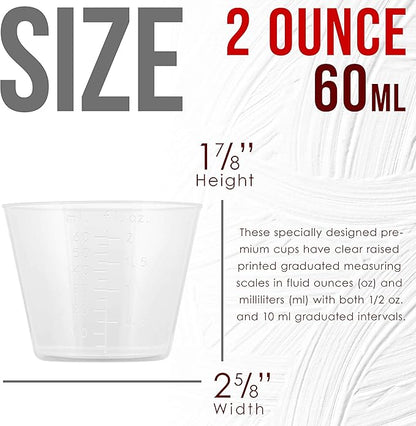 Pouring Masters 2 Oz (60 ml) Liquid Measuring Cups - Plastic Graduated Cup (100 Pack) with 25 Sticks - Reusable Mixing Cups for Paint, Craft, Kitchen, Lab, Medical Supplies, Epoxy Resin, Art