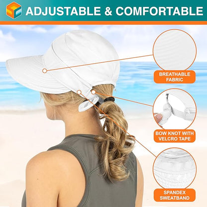 SUN CUBE Women Sun Hat for Outdoor UV Protection, Wide Brim Sun Hat Ponytail, Convertible Zip-Off Beach Hat Visor