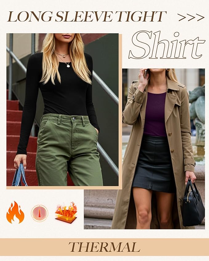 Neer 3 Pack Women's Thermal Shirts Long Sleeve Crew Neck Fleece Lined Undershirts Slim Fit Basic Tops Winter Base Layer