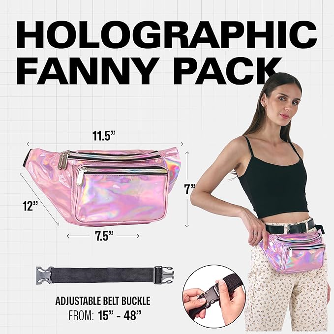 Holographic Fanny Pack Belt bag - Crossbody Waist Bag for Men or Women - Hands-Free, Waterproof Large Bumbag for Hiking, Running, and Travel (Pale Pink)