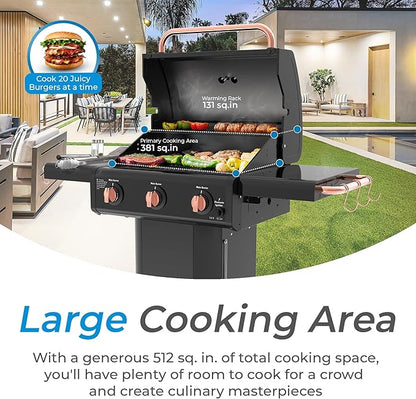 Kenmore 3-Burner Gas Grill | Foldable Side Tables, Cast Iron Cooking Grates, Warming Rack, Hooks for BBQ Grilling Tools, Propane Gas Barbecue Grill, 30,000 BTUs, Black with Copper Accent