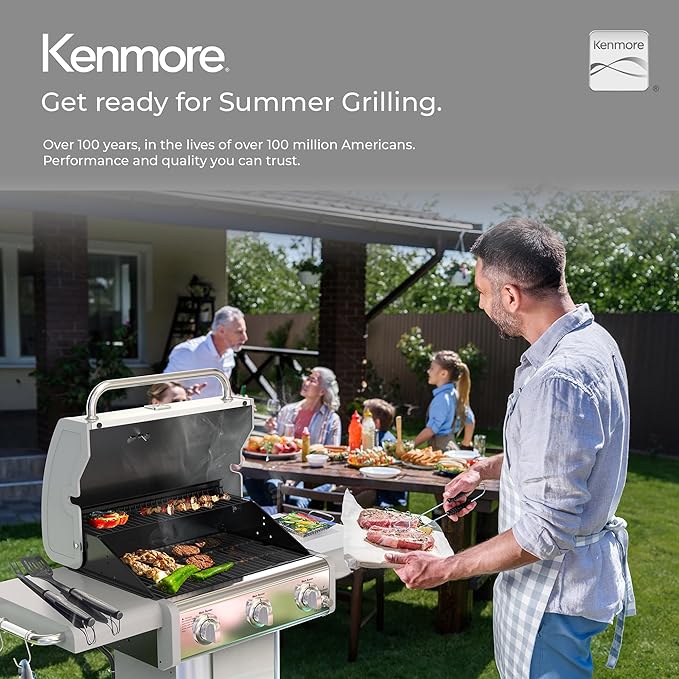 Kenmore 3-Burner Propane BBQ Grill, 30,000 BTUs Gas Grill with Cast Iron Cooking Grates, Folding Side Tables & Wheels, Outdoor Grill with Tool Hooks, Pearl White + Bonus Cover
