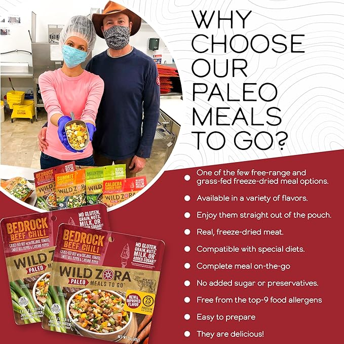 Wild Zora Paleo Freeze Dried Meals for Backpacking & Camping - Healthy Gluten Free & Grain Free Camping Meals/Backpacking Food + No Added Sugar - Great for Travel (Bedrock Beef Chili 2-pack)