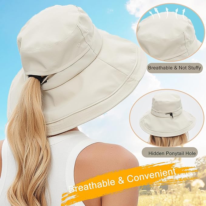 Sun Hats for Women Men UV Protection Wide Brim Bucket Hat with Ponytail Hole Waterproof Gardening Fold-Up Summer Cap