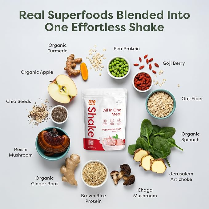 310 Nutrition All-in-One Meal Replacement Shake - Plant-Based Protein Powder with Triplex Proteins, Probiotics, Digestive Enzymes & Superfoods - Vegan, Low Carb, Keto & Paleo Friendly - Peppermint Swirl - 14 Servings
