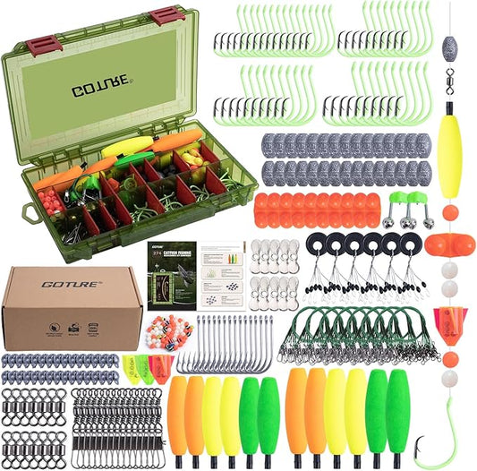 Goture Catfish Rig Making Kit,274pcs Catfishing Tackle with Luminous Fishing Hook Swivel Sinker Weights Rattle Float Bobber Stoppers,Catfish Rigs Accessories with 3600 Tackle Box,Gifts for Men