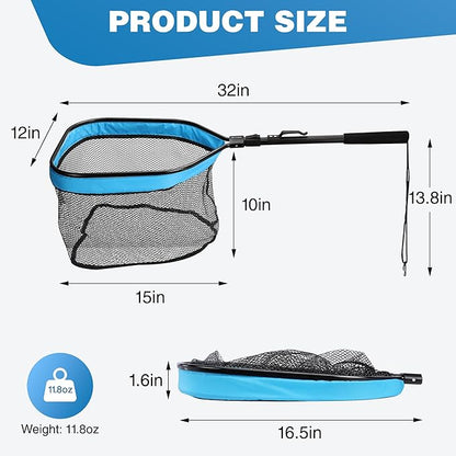 FLISSA Floating Fishing Net, Folding Fish Net for Portablity and Storage, Durable Landing Net for Salmon, Catfish, Bass, Trout Fishing, Great for Fly Fishing, Kayak or Boat Fishing