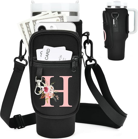 Initial Water Bottle Holder with Strap for Stanley 40 oz Tumbler/Simple Modern 40 oz Tumbler,Water Bottle Carrier Bag with Strap,Personalized A-Z Phone Pocket for Stanley Cup Accessories