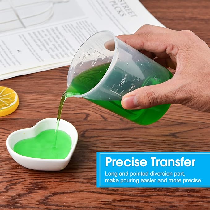 Coopay 12 Pack 300ml/10.1oz Plastic Beakers Epoxy Mixing Cups, Plastic Graduated Cups Clear Multipurpose Measuring Cups with 50 Pack Wooden Stirring Sticks for Resin, Epoxy, Stain, Mixing Paint