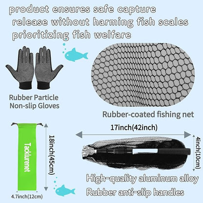 Folding Kayak Fishing Net with Aluminum Alloy Frame Rubber-Coated Nylon Net for Small Fishing Net Fishing Landing Net for Non-Slip Gloves Storage Bag
