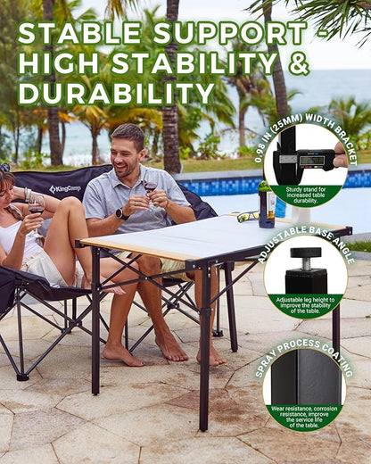 KingCamp Folding Camping Table, Aluminum Roll-Up Camp Table, Large Foldable Table for 2-4 Person, Outdoor Portable Tables with Carry Bag, 120 LBS Heavy Duty Load (Bamboo：40.16“x27.5”，2-4 People)