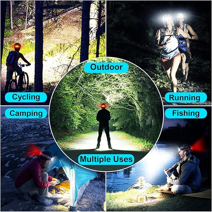 Headlamp Rechargeable, 3 Pack Bright LED Headlamps Wide Beam Head Lamp Headlight Flashlight with Red Tail Light 1200lm Lightweight Adjustable Waterproof for Biking Running Fishing Camping