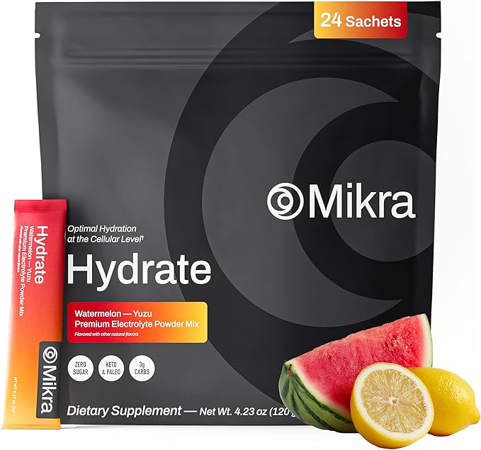 Mikra Hydrate Electrolytes Powder Packets, Sugar Free Hydration Powder Sticks, Naturally Flavored Electrolyte Drink Mix for Needed Hydration Support, Daily Wellness & Workout, Watermelon Yuzu, 24 Pack