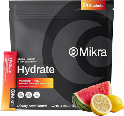 Mikra Hydrate Electrolytes Powder Packets, Sugar Free Hydration Powder Sticks, Naturally Flavored Electrolyte Drink Mix for Needed Hydration Support, Daily Wellness & Workout, Watermelon Yuzu, 24 Pack