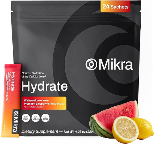 Mikra Hydrate Electrolytes Powder Packets, Sugar Free Hydration Powder Sticks, Naturally Flavored Electrolyte Drink Mix for Needed Hydration Support, Daily Wellness & Workout, Watermelon Yuzu, 24 Pack