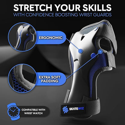 SKATEWIZ Skateboard Pads Protective Gear Set for Kids and Adults - Smash - Roller Skate Pads [6pc] with Wrist Guards - Skating Protective Gear - Roller Derby