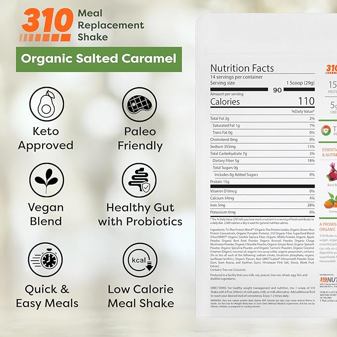 310 Nutrition Organic All-In-One Meal Replacement Shake Powder - Plant-Based Protein Smoothie Blend w/Fiber, Probiotics & Adaptogens - Low Carb, Vegan, Keto & Paleo - Salted Caramel - 28 Servings