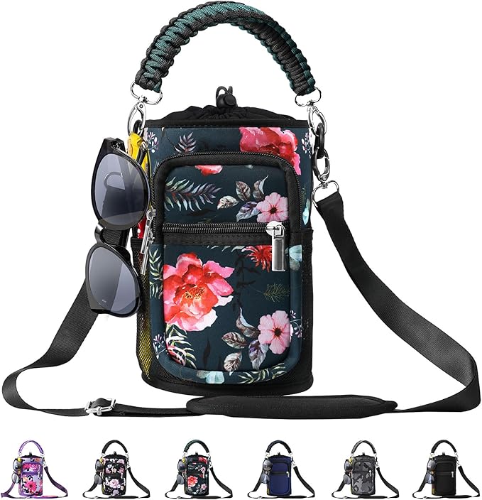32/40/64/87/128 oz Water Bottle Carrier Bag, Neoprene Water Bottle Sleeve with 4 Pocket, Sport Water Holder with Paracord Handle and Shoulder Strap for Walking Hiking Camping Gym