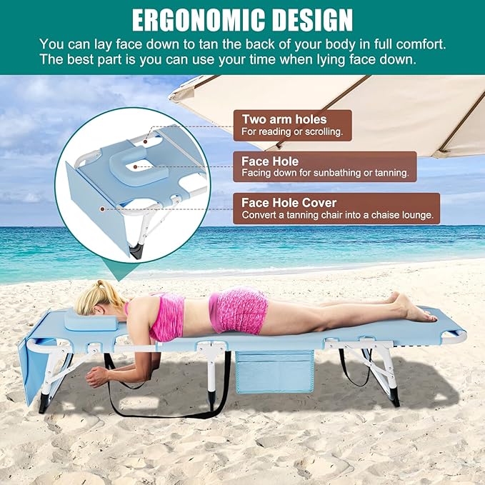 DoCred Heavy Duty Tanning Chair with Face Hole, Adjustable 5-Position Folding Chaise Lounge Chairs for Outside, Portable Lay Flat Beach Lounge Chair for Outdoor Sunbathing Beach Pool Lawn Camping