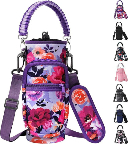 32/40/64/128 oz Neoprene Insulated Water Bottle Carrier Bag, Sling Bag Sleeve Pouch Holder with Strap & Paracord Handle and 2 Pocket for Travelling, Hiking, Camping