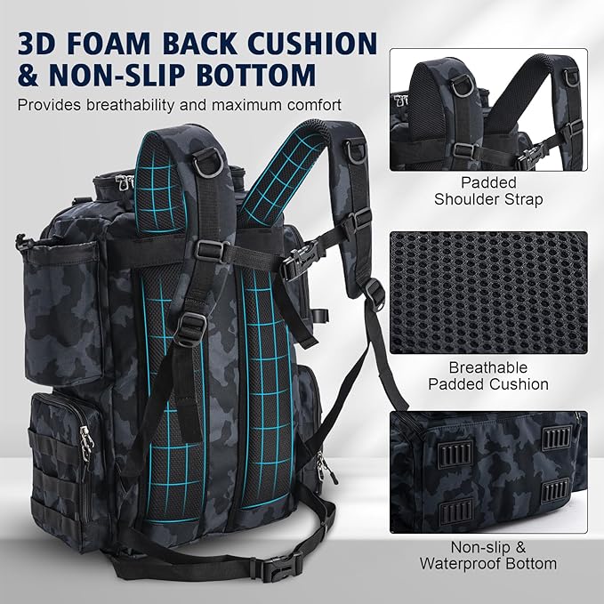 Goture Fishing Backpack with 4 Tackle Boxes,45L 600D Tackle Backpack with Rod Holders,8 Lure Pockets,Rain Cover,Large Fishing Bag Saltwater Gear Storage Bag for Camping Hiking