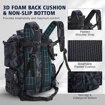 Goture Fishing Backpack with 4 Tackle Boxes,45L 600D Tackle Backpack with Rod Holders,8 Lure Pockets,Rain Cover,Large Fishing Bag Saltwater Gear Storage Bag for Camping Hiking