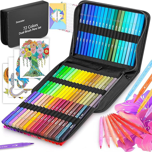 Soucolor Art Supplies for Adults Kids, 72 Colors Dual Tip Brush Fine Tip Markers, Art Kit Drawing Set with Art Case Coloring Set, Art Set for Kids, Kids Art Supplies for School, Gifts for Girls & Boys