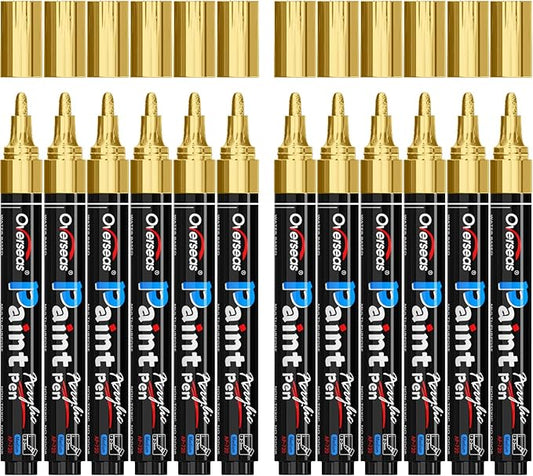 Overseas Gold Paint Pens - Permanent Acrylic Paint Markers 12 Pack, Water-Based, Quick Dry, Waterproof Marker Pen for Rock, Wood, Plastic, Metal, Canvas, Glass, Fabric, Card, Mugs. Medium Tip
