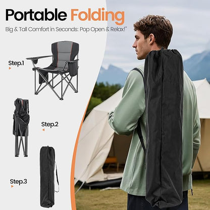 2 Pack Heavy Duty Oversized Camping Chair for Adults 400lbs w/Lumbar Support - Folding Chairs with Side Pocket, Cup Holder & Cooler Bag for Beach, Fishing, Lawn, Backyard Black