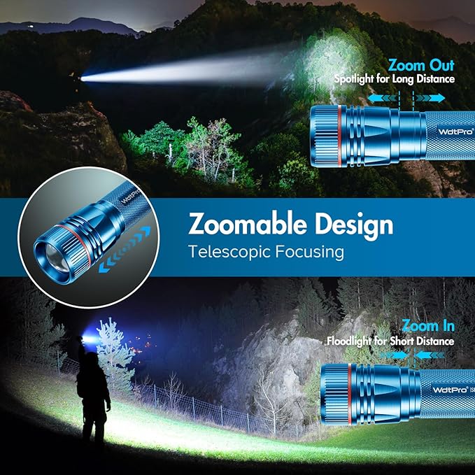 WdtPro Rechargeable Flashlights High Lumens, 2 Pack 10H Long Lasting Super Bright EDC Flashlight, LED Mini Tactical Flash Lights for Camping Emergency, Drop & Water Resistant Blue(Battery Included)