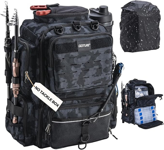 Goture Fishing Backpack, Tackle Backpack with Rod Holders, 45L 600D Large Fishing Bag Gear Storage, Water Resistant Tackle Bag with 8 Lure Pockets, Rain Cover for Camping Hiking (Without Tackle Box)