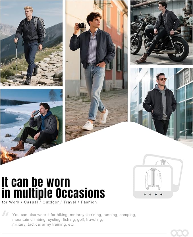 33,000ft Men's Bomber Jacket Waterproof Zip Up Windbreaker Quilted Padded Lightweight Warm Casual Spring Fall Winter Coat