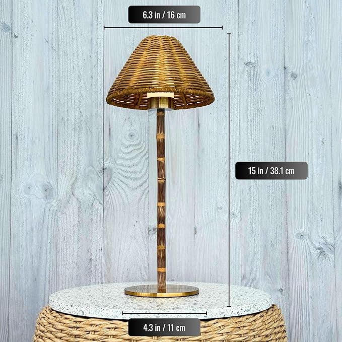 Bamboo Cordless LED Table Lamp – Rechargeable 24-Hour Battery, Dimmable Warm Light, 15" Portable Wireless Lamp with Remote for Indoor/Outdoor Use, Home, Patio, Restaurant – Natural Rattan