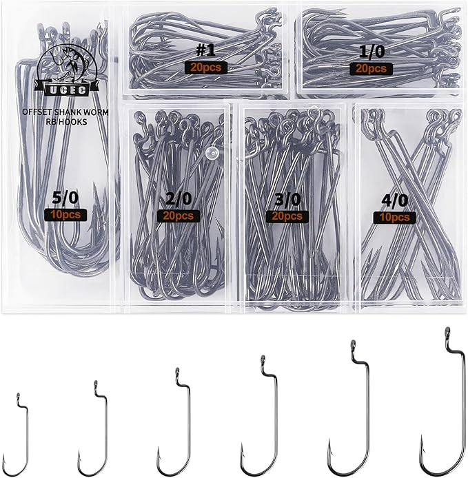 UCEC Fishing Hooks, 140PCS/ 100PCS/ 60PCS EWG Offset Worm Hooks Bass Hooks Wide Gap 2X Strong Senko Bait Texas Rig Jig Fish Hooks for Bass Trout Saltwater Freshwater Size:#4#2#1 1/0 2/0 3/0 4/0 5/0