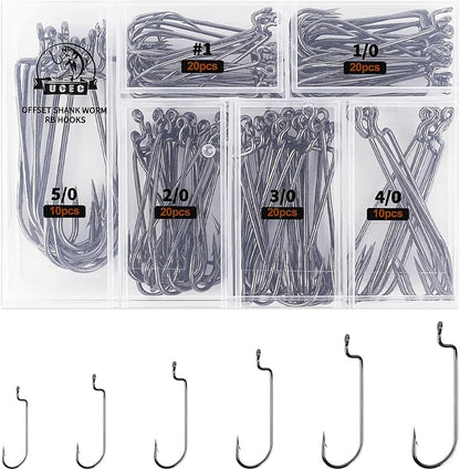 UCEC Fishing Hooks, 140PCS/ 100PCS/ 60PCS EWG Offset Worm Hooks Bass Hooks Wide Gap 2X Strong Senko Bait Texas Rig Jig Fish Hooks for Bass Trout Saltwater Freshwater Size:#4#2#1 1/0 2/0 3/0 4/0 5/0