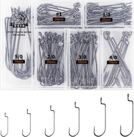 UCEC Fishing Hooks, 140PCS/ 100PCS/ 60PCS EWG Offset Worm Hooks Bass Hooks Wide Gap 2X Strong Senko Bait Texas Rig Jig Fish Hooks for Bass Trout Saltwater Freshwater Size:#4#2#1 1/0 2/0 3/0 4/0 5/0