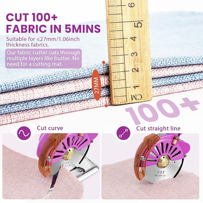 BAOSHISHAN Electric Fabric Rotary Cutter Heavy Duty Speed Adjustable Fabric Scissors Round Blade Cutting Machine for Multilayer Fabric Leather Cloth Carpet (100mm Plug-in Purple)