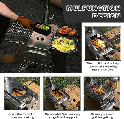 KingCamp Hot Tent Stove, Foldable Camping Stove with Large Firebox, 7.5ft Winter Camping Stove for Tent, Shelter, Cabin Heating, With Chimney Pipes, Heat Resistant Glass & Gloves for Outdoor