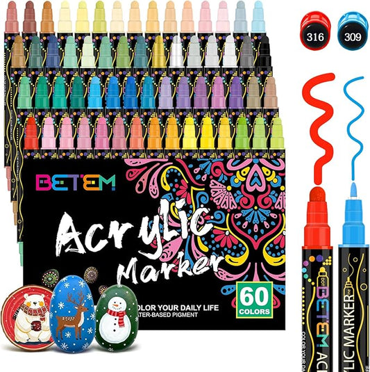 Betem 60 Colors Dual Tip Acrylic Paint Pens Markers, Premium Acrylic Paint Markers Stocking Stuffers for Rock, Wood, Fabric, Glass, Canvas, Ceramic, Christmas Gifts for Teens DIY Crafts Art Supplies
