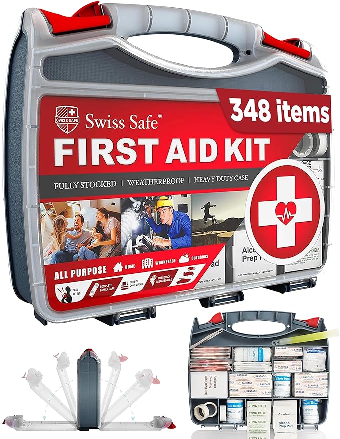 Swiss Safe 2-in-1 First Aid Kit for Car, Travel & Home, Businesses - Bonus Mini Kit for Medical Emergency Aid, Survival, Camping - FSA & HSA Eligible - 348 Pcs, Large Hardcase FAK