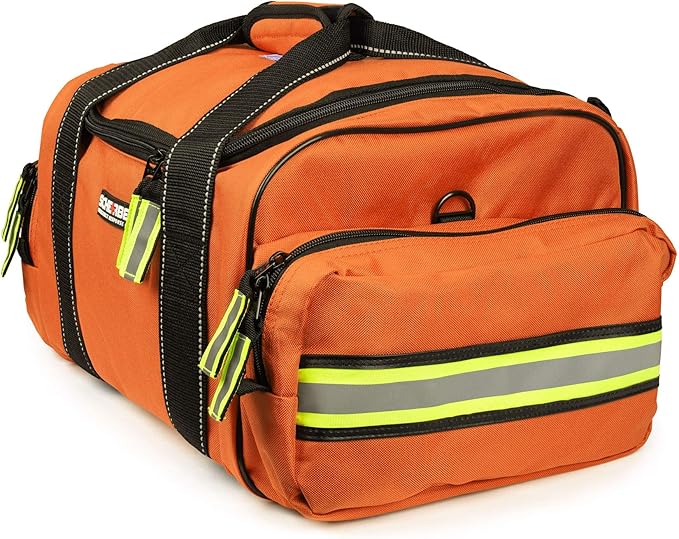 Scherber First Responder Fully-Stocked Large Professional Essentials EMT/EMS Trauma Kit | HSA/FSA Approved | Reflective Bag w/8 Zippered Pockets & Compartments & 250+ First Aid Supplies (Orange)