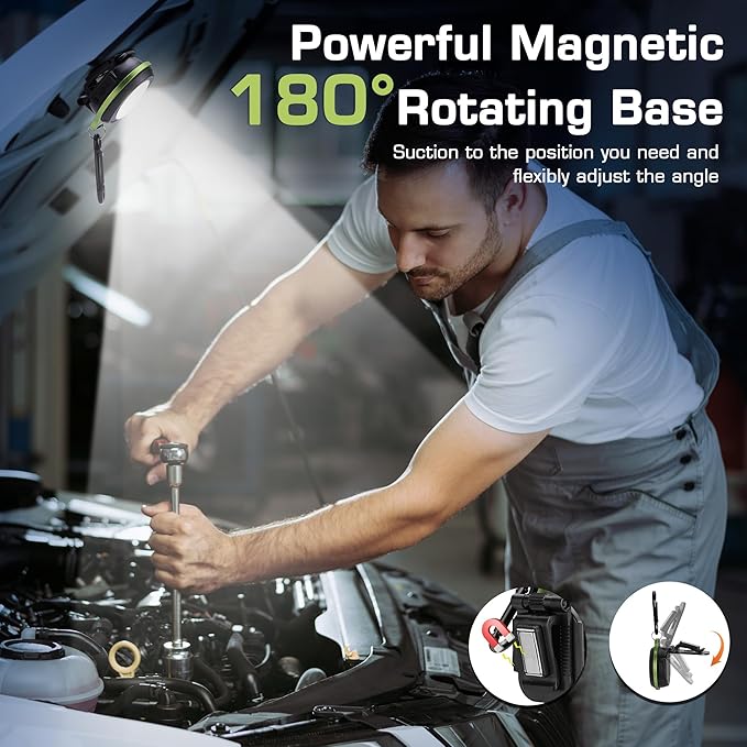 WORKPRO Mini Keychain Work Light, COB Keychain Flashlight with Hat Clip, Rechargeable Magnetic EDC Carabiner Flashlight, 3 Light Modes Emergency Light for Camping, Biking and Car Repairing, Green