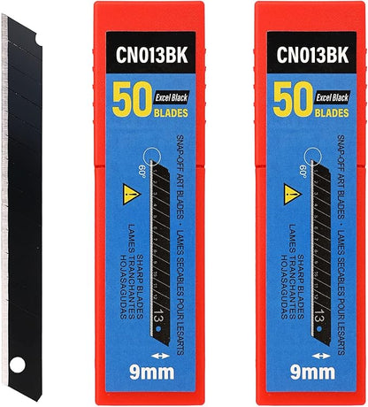 FOSHIO 100PCS 60 Degree Carbon Steel Snap Off Blades 9mm for Box Cutters Utility Knife Universal Art Knife Replacement Black Blades