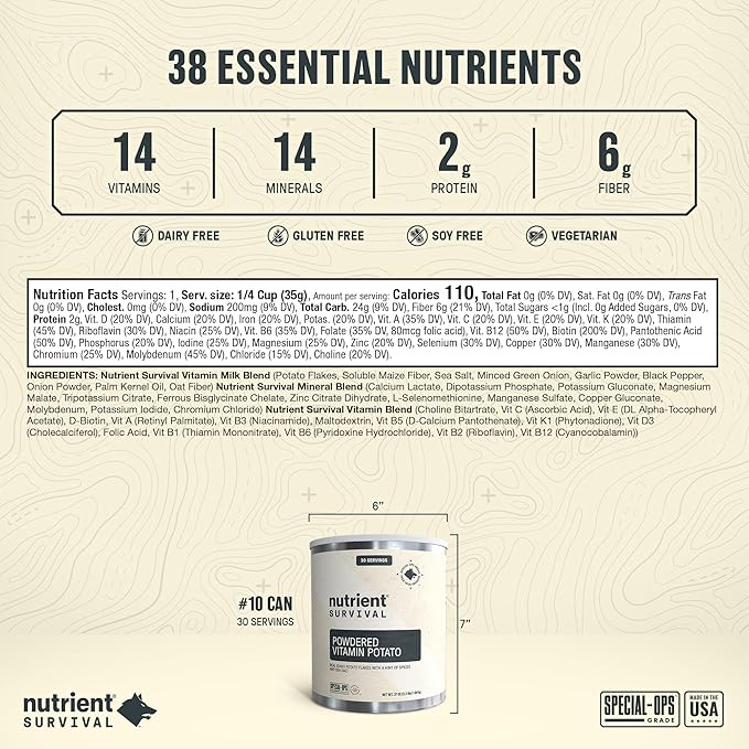 Nutrient Survival Potato Flakes, Powdered Vitamin Potato (4 Cans, 30 Servings per Can) for Mashed Potatoes, Soups, Emergency Food Supply & Camping Supplies, 38 Nutrients, Shelf Stable Up to 25 Years