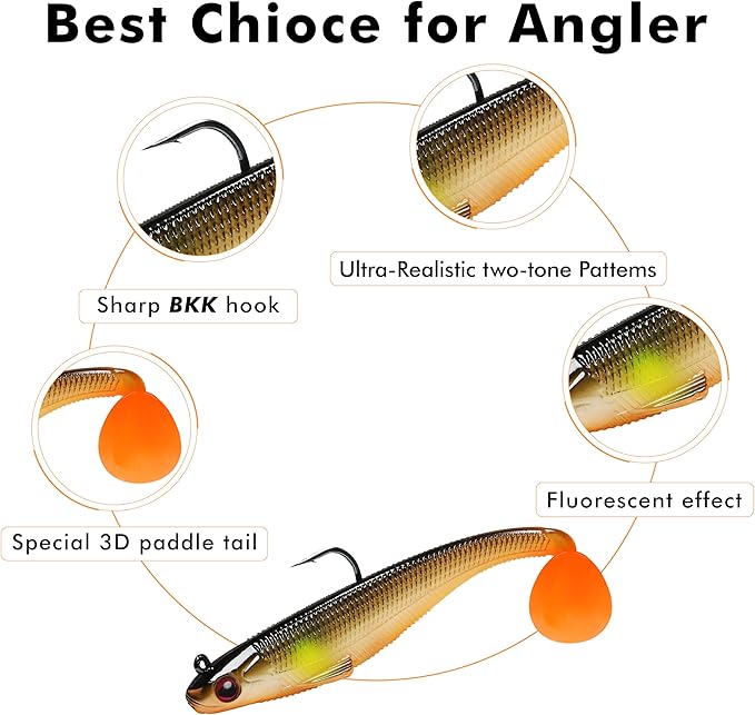 TRUSCEND Easy Catch Pre-Rigged Soft Lures, Unique Vibrating Swim Action and Trembly Sinking Move for More Bites, Amazing Soft Swimbait for Family Fishing, Fishing Lures for Bass Trout Crappie Walleye