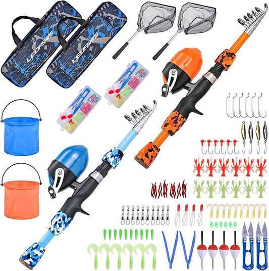 LEOFISHING 2 Set Kids Fishing Pole Set with Full Starter Kits Portable Telescopic Fishing Rod and Reel Cambos with All The Necessary Fishing Kits for Boys Girls and Youth